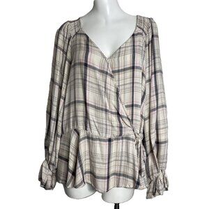 Cato Blouse Top Women's 22/24W Wrap Tie Peplum Smocked 3/4 Sleeve Tartan Plaid